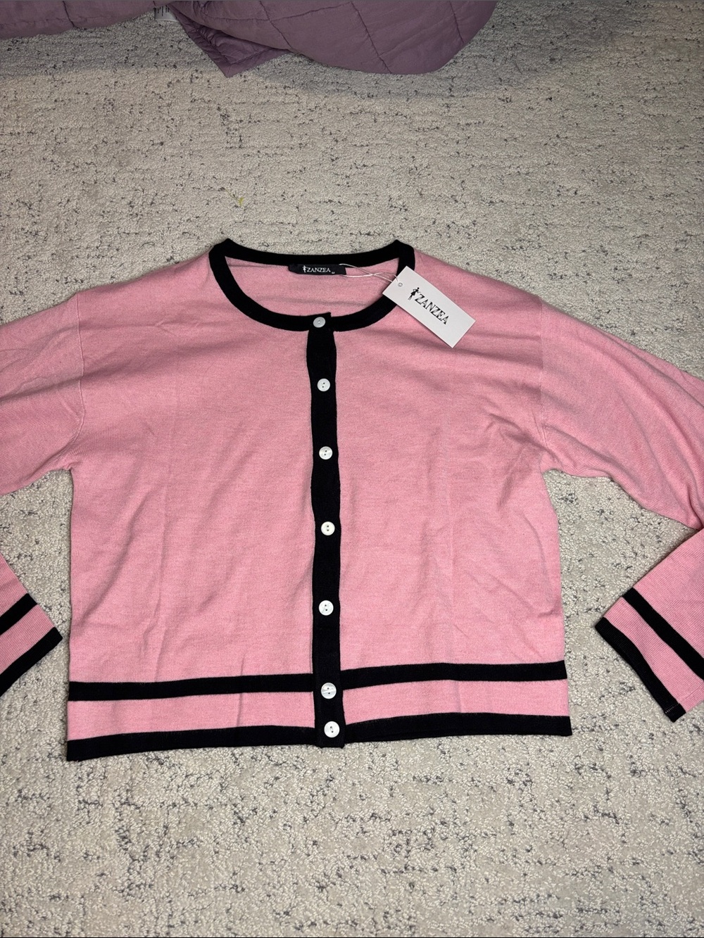 Zanzea Pink Cardigan with Black Trim and Stripes